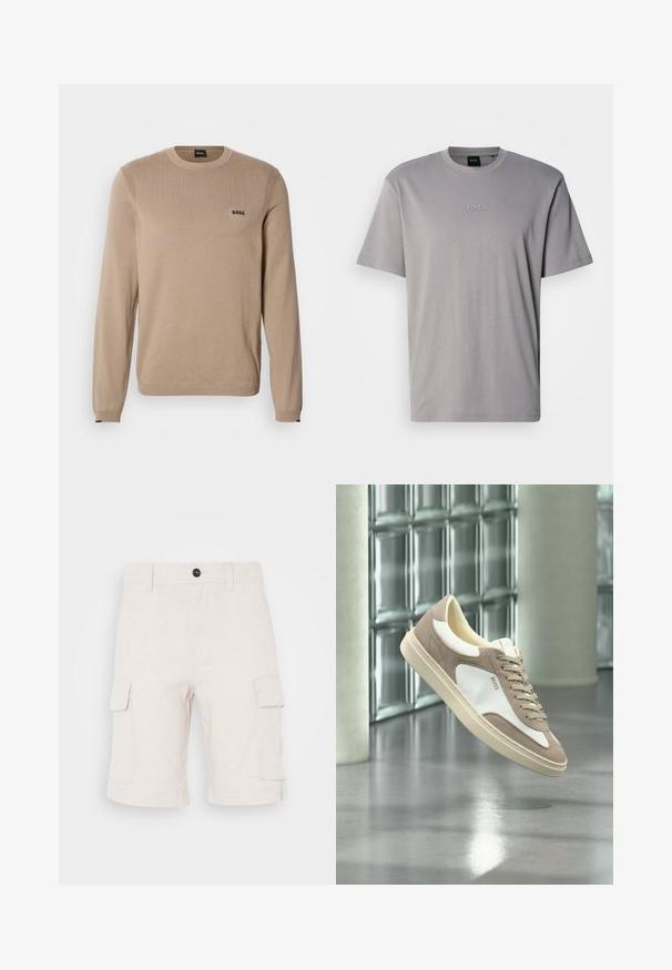 Jersey de punto beige con mangas largas, cuello redondo, detalles acanalados y pequeño logo negro 'BOSS' en el pecho. Textura suave, ajuste clásico.; Camiseta de manga corta de algodón en gris claro, con cuello redondo y logo "BOSS" en relieve en el pecho. Textura suave.; Pantalones cortos cargo beige hechos de tela ligera, con dos bolsillos laterales y un dobladillo doblado. Cierre de botón en la cintura.; Zapatilla de ante beige y blanca con cordones y el logo "BOSS", flotando sobre un suelo de hormigón pulido con paredes de bloques de vidrio al fondo.