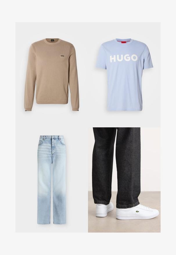 Beige striktrøje med lange ærmer, rund halsudskæring, ribbekanter og lille sort 'BOSS' logo på brystet. Blød tekstur, klassisk pasform.; Lyseblå bomulds T-shirt med rund halsudskæring og korte ærmer. Stort hvidt tekst "HUGO" henover fronten. Glat tekstur.; Lyseblå, højtaljede jeans med rette ben, forlommer, bæltestropper og knaplukning.; Hvite lærsneakers med et lavprofil-design og grønt logo, parret med mørke denimjeans med gul syning.