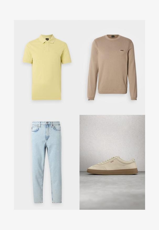 Pull en maille beige à manches longues, col rond, détails côtelés et petit logo noir « BOSS » sur la poitrine. Texture douce, coupe classique.; Polo à manches courtes de couleur jaune pâle avec deux boutons et un petit logo sur la poitrine sur un fond blanc uni.; Jean slim taille haute bleu clair avec bouton sur le devant, fermeture éclair, poches avant et arrière, présenté sur fond blanc.; Baskets en daim beige clair avec une semelle en caoutchouc gomme, des lacets prononcés et des détails de couture subtils. Design épuré avec une esthétique minimaliste.