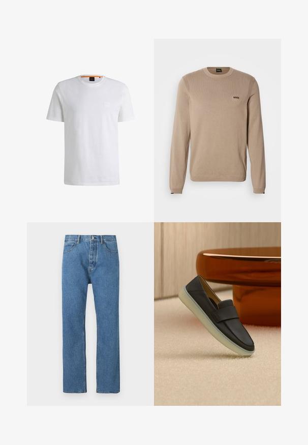 Beige striktrøje med lange ærmer, rund halsudskæring, ribbekanter og lille sort 'BOSS' logo på brystet. Blød tekstur, klassisk pasform.; Hvid bomulds t-shirt med korte ærmer og rund hals. Har et diskret logo-patch foran og en orange detalje ved kraven.; Lyseblå denimjeans med lige snit, fem lommer, knaplukning og subtile syningsdetaljer langs sømmene.; Sort lædersko med tyk hvid sål vist på beige tæppe ved siden af et rundt bord i ravfarve.