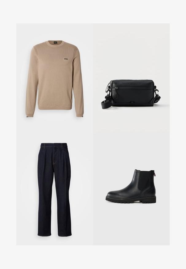 Beige gebreide trui met lange mouwen, ronde hals, geribbelde details en een klein zwart 'BOSS' logo op de borst. Zachte textuur, klassieke pasvorm.; Donkerblauwe denim jeans met wijde pijpen, inclusief voorplooien en oranje stiksels, weergegeven op een witte achtergrond.; Zwarte leren enkellaars met elastische zijkanten, ronde neus en een robuuste rubberen zool met diepe profielen voor grip.; Zwart rechthoekige crossbodytas met voorvak met rits, verstelbare band en geperst "BOSS"-logo bovenaan in het midden.