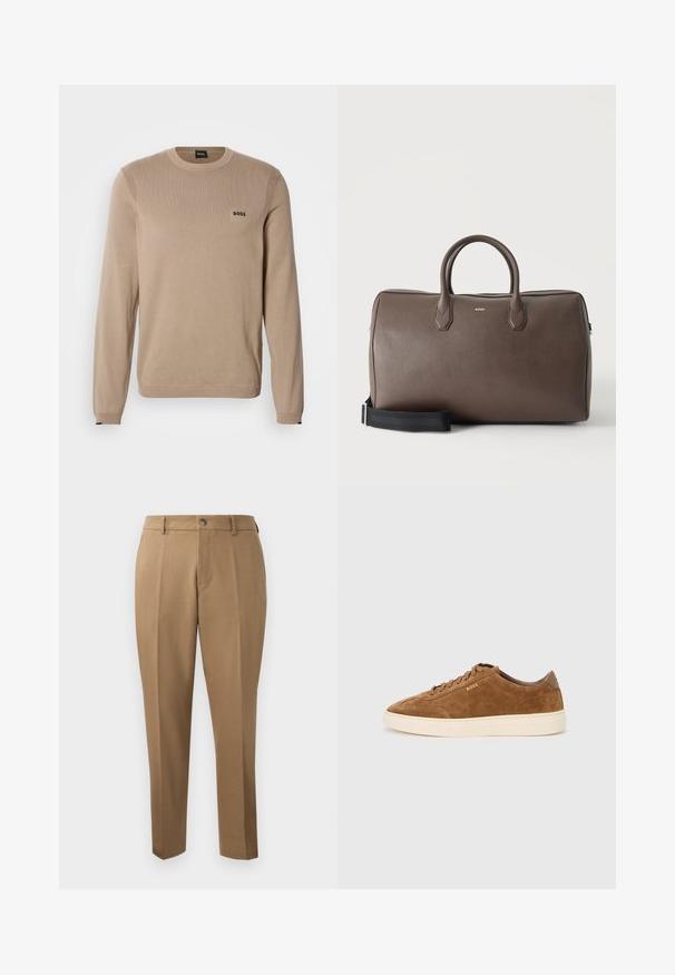 Beige gebreide trui met lange mouwen, ronde hals, geribbelde details en een klein zwart 'BOSS' logo op de borst. Zachte textuur, klassieke pasvorm.; Bruine maatwerkbroek met een rechte pasvorm, enkele plooien, riemlussen en een sluiting met een knoop aan de voorkant. Gladde stof met een matte textuur.; Bruine suède sneaker met een afgeronde neus, crèmekleurige rubberen zool en tonale veters. Heeft een geperst logo op de zijkant en een glad achterpaneel.; Bruine leren duffeltas met twee handvatten, een zwarte verstelbare schouderriem en een klein "BOSS" logo middenvoor.
