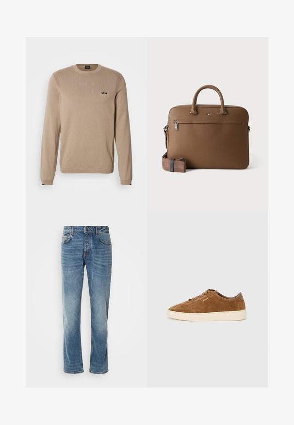 Pull en maille beige à manches longues, col rond, détails côtelés et petit logo noir « BOSS » sur la poitrine. Texture douce, coupe classique.; Jean en denim bleu clair avec des jambes droites, cinq poches, des coutures contrastantes et une finition délavée. Dispose d'un bouton et d'un zip pour le maintien.; Baskets en daim marron avec bout rond, semelle en caoutchouc crème et lacets ton sur ton. Présentent un logo en relief sur le côté et un panneau arrière lisse.; Mallette en cuir marron avec poignées supérieures, poche avant zippée et bandoulière assortie amovible sur fond blanc.