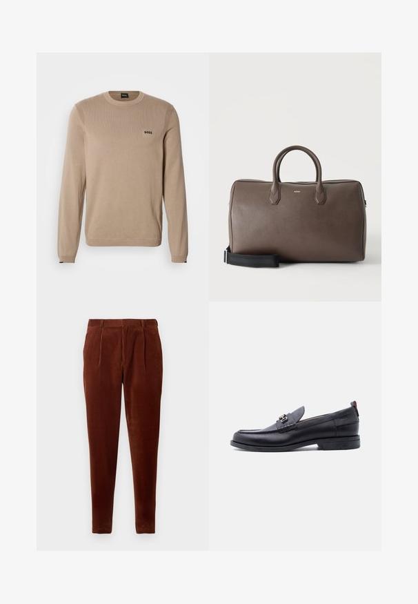 Beige striktrøje med lange ærmer, rund halsudskæring, ribbekanter og lille sort 'BOSS' logo på brystet. Blød tekstur, klassisk pasform.; Brune corduroy bukser med lige pasform, featuring frontfolder, to sidelommer og en glat tekstur. Velegnet til afslappet brug.; Sort lædermokasin med grå tekstureret forfod, sølvfarvet metalspænde, lav hæl og trækflap bagpå.; Brun læder duffel taske med to håndtag, en sort justerbar skulderrem og et lille "BOSS" logo på fronten i midten.