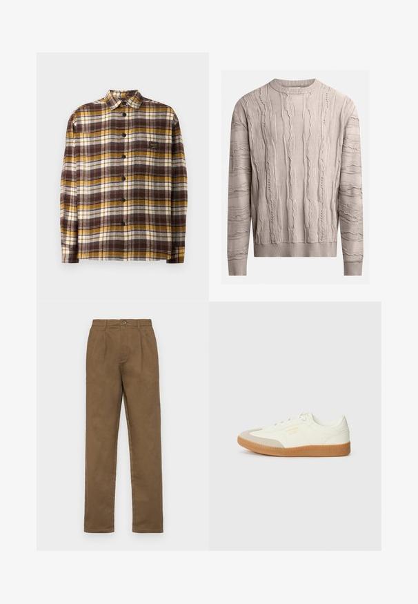 Lys beige sweater med teksturerede, hævede mønstre. Lange ærmer, ribbet rund halsudskæring og kant. Stoffet ser blødt ud med et let uregelmæssigt design.; Brun, gul og hvid ternet skjorte med knapper, lavet af stof; har krave, lange ærmer, og frontknapper. Lille logo mærke på brystet.; Brune bomuldsbukser med lige pasform, har en enkelt knaplukning, bæltestropper og skarpe folder ned foran.; Sneaker lavet af hvid læder med en beige tåhætte og let brunt gummisål. Har flade hvide snørebånd og prægede branding på siden.