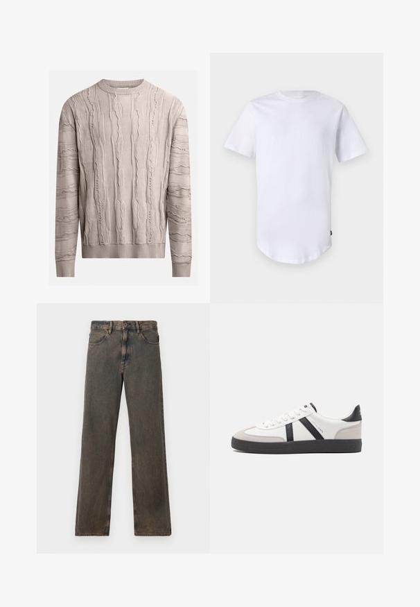 Lys beige sweater med teksturerede, hævede mønstre. Lange ærmer, ribbet rund halsudskæring og kant. Stoffet ser blødt ud med et let uregelmæssigt design.; Hvid kortærmet t-shirt lavet af bomuld. Rund halsudskæring med en buet kant. Etiket synlig på nederste venstre side. Glat tekstur.; Brune vaskede lige ben jeans med forlommer, knaplukning og bæltestropper vist mod en hvid baggrund.; Hvide sneakers med sorte og grå detaljer, med en tekstureret grå tåhætte, sort gummisål og flade hvide snørebånd. Rent design, minimalistisk stil.