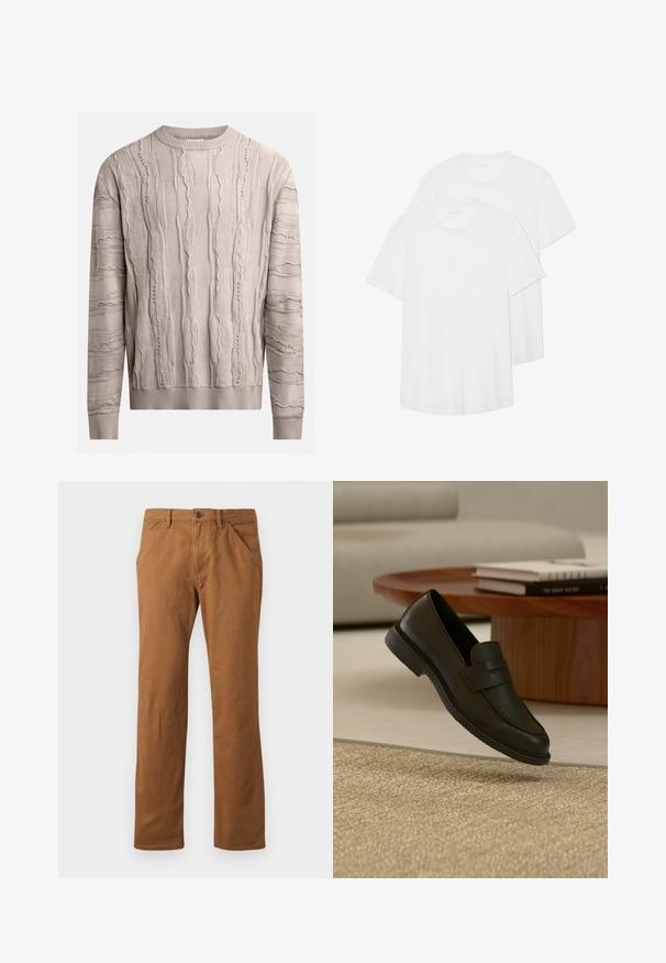 Lys beige sweater med teksturerede, hævede mønstre. Lange ærmer, ribbet rund halsudskæring og kant. Stoffet ser blødt ud med et let uregelmæssigt design.; To hvide kortærmede T-shirts lavet af bomuld, med en rund hals, blødt materiale og et simpelt, udekoreret design.; Brune bomuldsbukser med lige pasform, udstyret med knaplukning, sidelommer og en glat tekstur. Velegnet til hverdag.; Sort læderloafer vist i luften over en beige vævet tæppe, med et træbord og stablede bøger i et blødt oplyst stue.