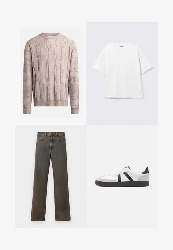 Lys beige sweater med teksturerede, hævede mønstre. Lange ærmer, ribbet rund halsudskæring og kant. Stoffet ser blødt ud med et let uregelmæssigt design.; Hvid oversized t-shirt med korte ærmer og rund halsudskæring med sænkede skuldre, fladt lagt på lys grå baggrund.; Brune vaskede lige ben jeans med forlommer, knaplukning og bæltestropper vist mod en hvid baggrund.; Hvide sneakers med sorte og grå detaljer, med en tekstureret grå tåhætte, sort gummisål og flade hvide snørebånd. Rent design, minimalistisk stil.