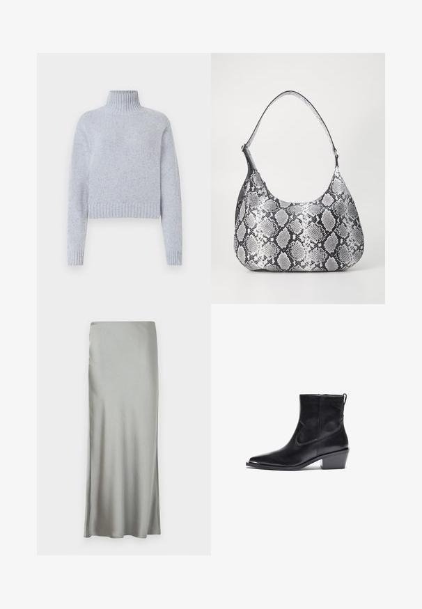 Helles blaues gesprenkeltes Strick-Turtleneck-Pullover mit langen Ärmeln sowie gerippten Bündchen und Saum, auf einem weißen Hintergrund präsentiert.; Hellgrauer, satinierter Maxirock mit glatter Textur und Seitenschlitz, entworfen mit einem geraden Schnitt für eine fließende Silhouette.; Schwarzer Leder-Ankle-Boot mit spitzer Zehe und niedrigem Blockabsatz. Mit einem Seitenreißverschluss und minimalen Nähdetails für ein elegantes Design.; Schultertasche im schwarz-weißen Schlangenprint mit runder Form, glatter Textur und gebogenem Tragegurt. Mit einem silbernen Hardware-Akzent.