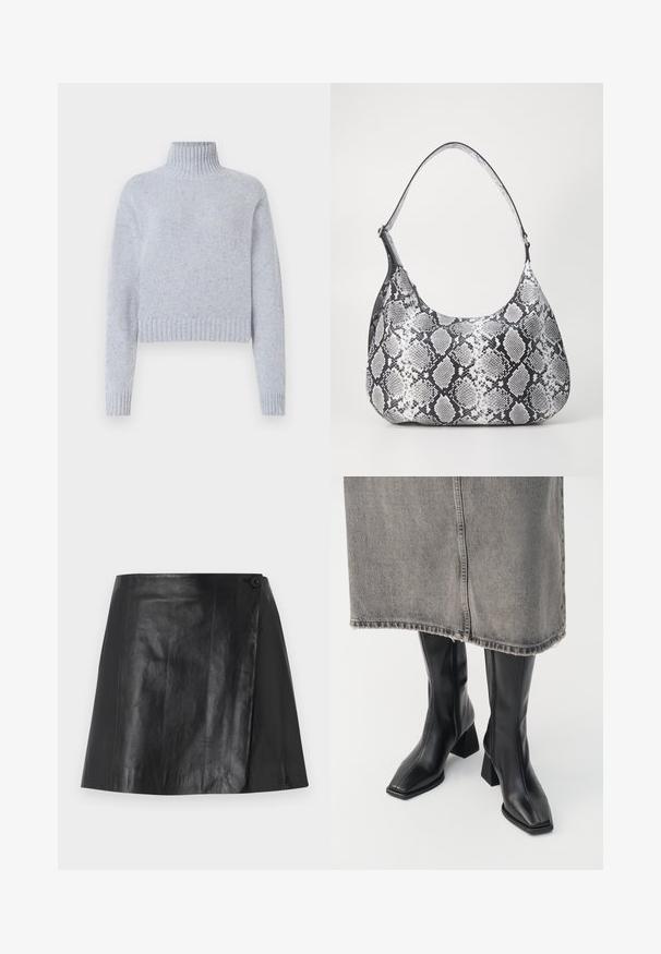 Lyseblå spraglet strikket turtleneck sweater med lange ærmer samt ribbede manchetter og kant, præsenteret på en hvid baggrund.; Sort faux læder mini nederdel med omslag foran, der er sikret med en knap på højre side, glat struktur og let glans.; Sorte knæhøje støvler i glat læder med firkantet tå og blokeret hæl. Båret med en grå denimnederdel med flosset kant.; Sort-hvid slangemønster skuldertaske med en rund form, glat tekstur og en buet rem. Har et sølvfarvet hardware-accents.