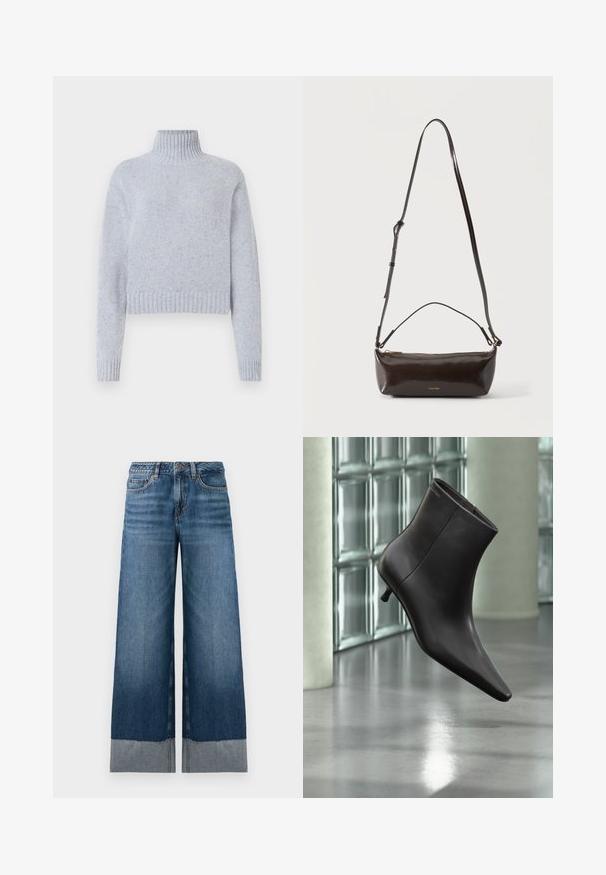 Sweater de punto de cuello alto de color azul claro con motas, de manga larga y con puños y dobladillo acanalados, presentado sobre un fondo blanco.; Vaqueros de pierna ancha en azul con un degradado de denim oscuro a claro, presentando un dobladillo sin acabar y sutilezas en los detalles de costura. Diseño clásico de cinco bolsillos.; Bota de cuero negro para el tobillo con puntera puntiaguda y tacón pequeño, exhibida frente a una pared de bloques de vidrio y un suelo pulido.; Pequeño bolso de hombro de cuero marrón oscuro brillante con correa ajustable, asa superior y cierre de cremallera dorado.