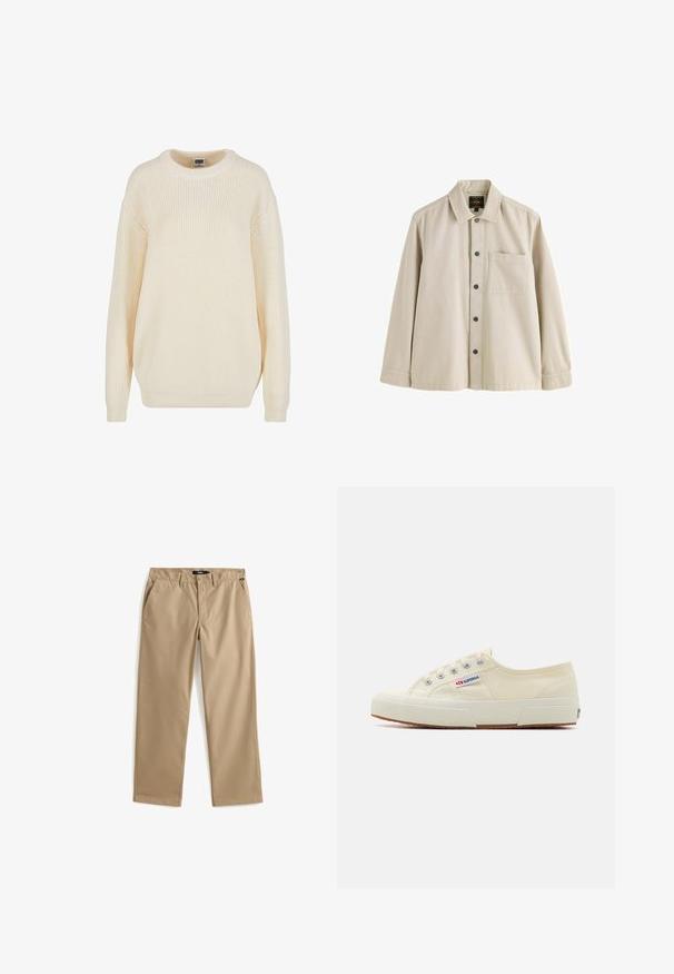 Crèmeligt ribbet sweater med rund halsudskæring, sænkede skuldre og afslappet pasform; har struktureret strik og ribbede manchetter.; Beige langærmet skjorte med knapper, krave og en brystlomme, lavet af et robust stof.; Beige bukser med lige ben, knap- og lynlåslukning, bæltestropper og sidelommer, lagt fladt på en hvid baggrund.; Beige lærredssneaker med et lavprofildesign, metaløjet og gummisål. Har et tekstureret mønster og logodetalje på siden.