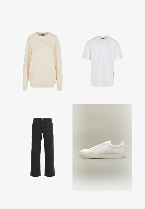 Pull en maille côtelée couleur crème avec un col rond, des épaules tombantes et une coupe décontractée ; il possède un tricot texturé et des poignets côtelés.; T-shirt blanc uni à manches courtes avec col rond et coupe décontractée, présenté sur fond blanc.; Pantalons en denim noir à jambe large avec fermeture à bouton, cinq poches et une texture légèrement délavée. Coupe droite de la taille à l'ourlet.; Baskets blanches basses à lacets sur l’avant et semelle épaisse, vues de côté sur un fond neutre.