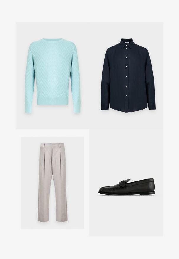 Light blue knit sweater featuring a textured pattern, round neckline, and long sleeves with ribbed cuffs and hem.; Dark navy long-sleeve button-up shirt with white buttons and a pointed collar, displayed on a white background.; Light gray pinstriped pleated trousers with belt loops and straight legs, displayed on a white background.; Black leather loafer with a low heel and a strap detail across the upper, shown in side profile on a light background.