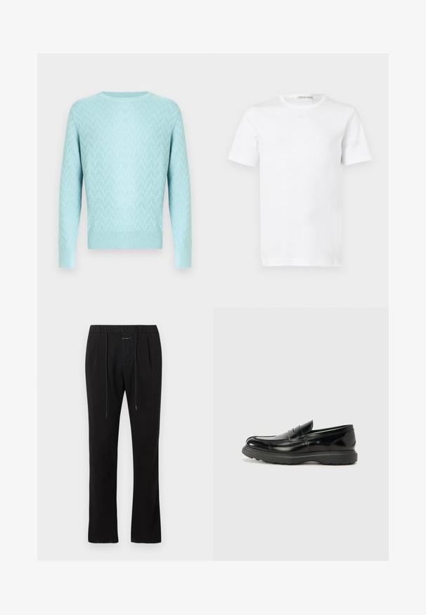 Pull bleu clair en maille avec un motif texturé, col rond et manches longues avec poignets et ourlet côtelés.; T-shirt blanc uni à manches courtes et col rond, avec une étiquette "Tiger of Sweden" à l'intérieur du col, présenté sur un fond blanc.; Pantalon noir à jambes droites avec plis à l'avant, fermeture par bouton et zip, et cordon de serrage à la taille.; Mocassin en cuir noir avec une finition brillante, bout arrondi, détails de couture subtils et semelle en caoutchouc épaisse pour la durabilité.