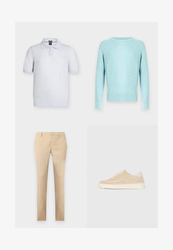 Pull bleu clair en maille avec un motif texturé, col rond et manches longues avec poignets et ourlet côtelés.; Polo bleu clair à manches courtes avec poignets et ourlet côtelés, col ouvert et étiquette de marque BOSS à l'intérieur du col.; Pantalon beige ajusté avec passants pour ceinture, poches latérales et fermeture éclair avant dissimulée sur fond blanc uni.; Baskets en daim beige avec semelle et lacets blancs, design basse, et motif de semelle en zigzag.