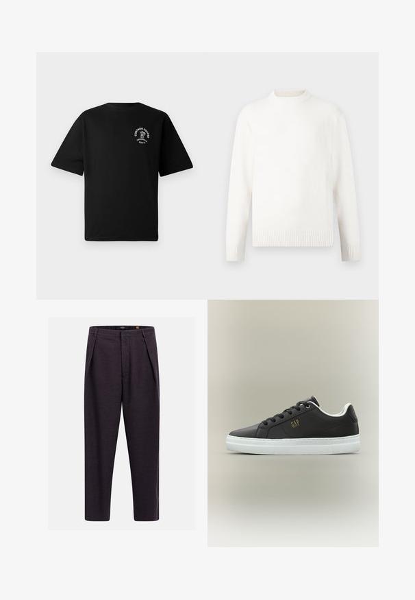 Pull en crème avec un col montant côtelé, des manches longues et des poignets côtelés. Le tissu semble doux et texturé.; T-shirt noir à manches courtes avec un petit logo blanc sur la poitrine représentant une cafetière et le texte "Cortado Coffee Original 2013."; Pantalon gris foncé sur mesure avec passants pour ceinture, plis avant et coupe droite.; Baskets noires basses avec semelle blanche, lacets noirs et logo "GAP" doré sur le côté, présentées de profil sur un fond neutre.