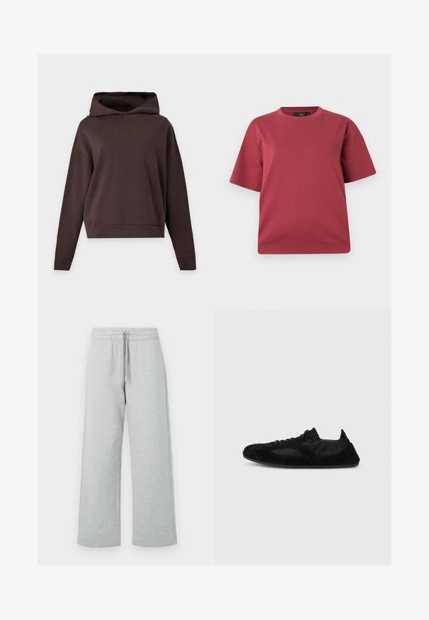 Effen donkerbruine hoodie met lange mouwen, losse pasvorm en zonder zichtbare patronen of logo’s, getoond tegen een lichtgrijze achtergrond.; Korte mouwen, ronde hals T-shirt in stoffige roos met een ontspannen pasvorm, weergegeven op een effen witte achtergrond.; Grijze sweatpants gemaakt van zachte stof, met een elastische tailleband en een koord, en wijd uitlopende pijpen. Geen zichtbare patronen of hardware.; Zwarte lichte sneaker met suède accenten, elastische enkelsluiting en dunne zool, zijaanzicht op een effen achtergrond.
