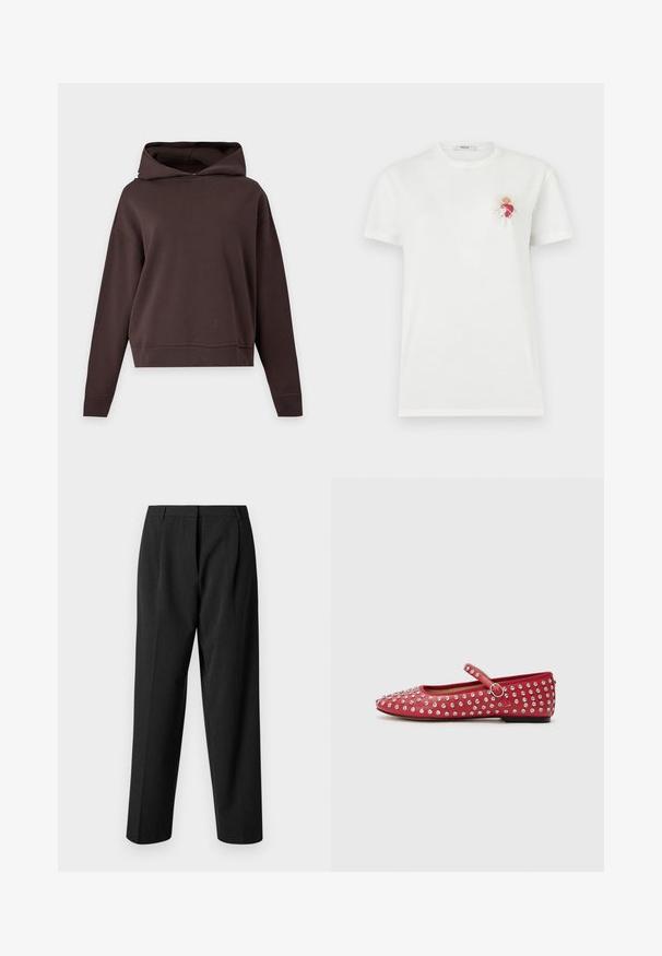 Ensfarvet mørkebrun hættetrøje med lange ærmer, løs pasform og uden synlige mønstre eller logoer, vist mod en lysegrå baggrund.; Hvid T-shirt med korte ærmer med et lille rødt anatomisk hjerte og gyldne stråler på øverste venstre bryst, mærket "Replay."; Sorte skræddersyede bukser med lige ben-design, der har en tekstureret stof, frontfolder og en glat talje.; Røde læder balletflade med spidse tæer, dekoreret med sølvnitter. Har en side rem med en spænde. Glat tekstur og lav hæl.