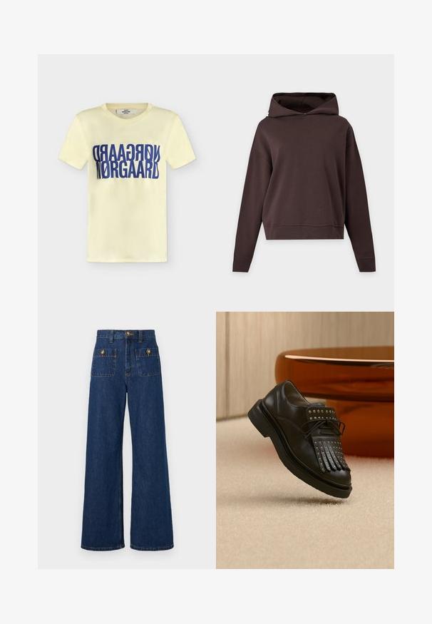 Sweat à capuche uni brun foncé, à manches longues, coupe ample, sans motifs ni logos visibles, présenté sur un fond gris clair.; T-shirt jaune clair à manches courtes avec le texte bleu déformé « NØRGAARD » imprimé deux fois sur la poitrine.; Jean denim bleu foncé taille haute à jambes larges avec deux poches carrées à l'avant sécurisées par des rabats à boutons dorés et une fermeture à bouton doré à la taille.; Chaussure en cuir noire à lacets avec franges décoratives et clous métalliques posée sur un tapis beige près d'un meuble marron.