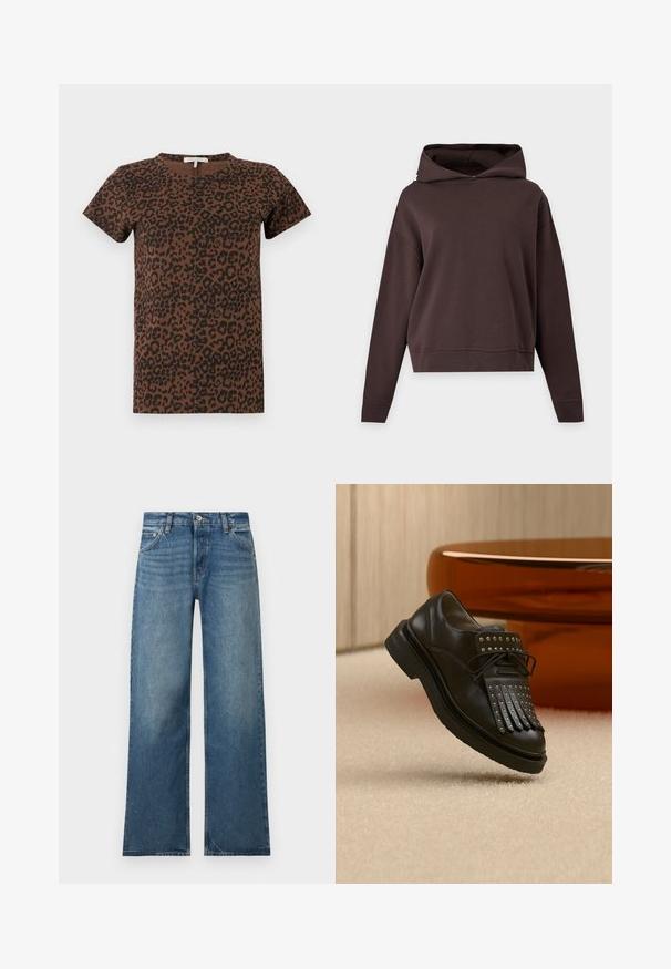 Sweat à capuche uni brun foncé, à manches longues, coupe ample, sans motifs ni logos visibles, présenté sur un fond gris clair.; T-shirt marron avec un motif léopard noir, col rond, manches courtes, en tissu doux, présentant une coupe décontractée sans éléments métalliques visibles.; Jean bleu à jambes larges avec fermeture devant à bouton et zip, poches avant et arrière, et détails subtils d'effilochage.; Chaussure en cuir noire à lacets avec franges décoratives et clous métalliques posée sur un tapis beige près d'un meuble marron.