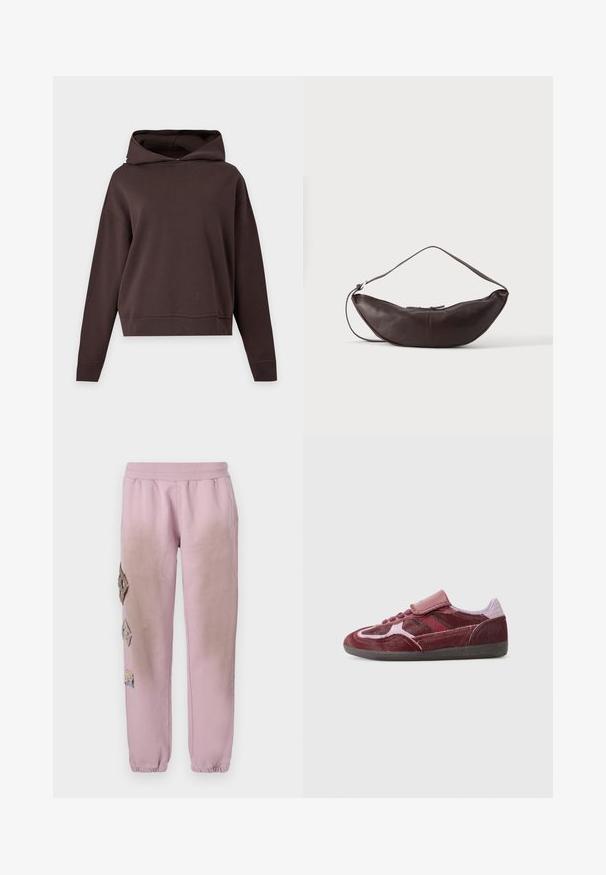 Schlichter, dunkelbrauner Hoodie mit langen Ärmeln, lockerem Schnitt und ohne sichtbare Muster oder Logos, gezeigt vor einem hellgrauen Hintergrund.; Rosa Sweatpants mit elastischem Bund, verziert mit dekorativen Patches in Diamantform auf der linken Seite und elastischen Bündchen an den Knöcheln.; Rote Wildleder-Sneaker mit einer glatten Zehenpartie, strukturierten Seitenpanelen, farblich abgestimmten Schnürsenkeln und einem Klettverschluss. Verfügt über eine strapazierfähige schwarze Gummi-Außensohle.; Dunkelbraune Leder-Schultertasche in Halbmondform mit gebogenem Riemen und sichtbarer Naht auf schlichtem Hintergrund.