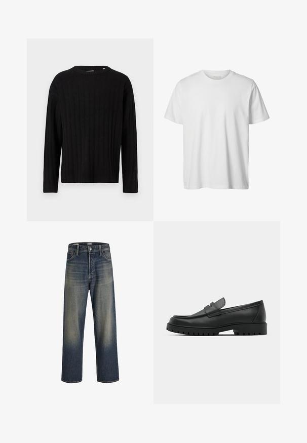 Zwarte geribde gebreide trui met lange mouwen en een ronde halslijn. Zachte textuur, rechte pasvorm, geen zichtbare hardware of accenten.; Eenvoudig wit T-shirt met korte mouwen en ronde hals, losse pasvorm en zonder zichtbare logo's of ontwerpen aan de voorkant.; Wijde jeans in donkerblauwe denim met een gradientafwerking, voorzien van een knoopsluiting, vijf zakken en gestructureerde stikdetails.; Zwarte leren instappers met een ronde neus, voorzien van een gestikt ontwerp, een lage platformzool en een gestructureerde, grof rubberen buitenzool.