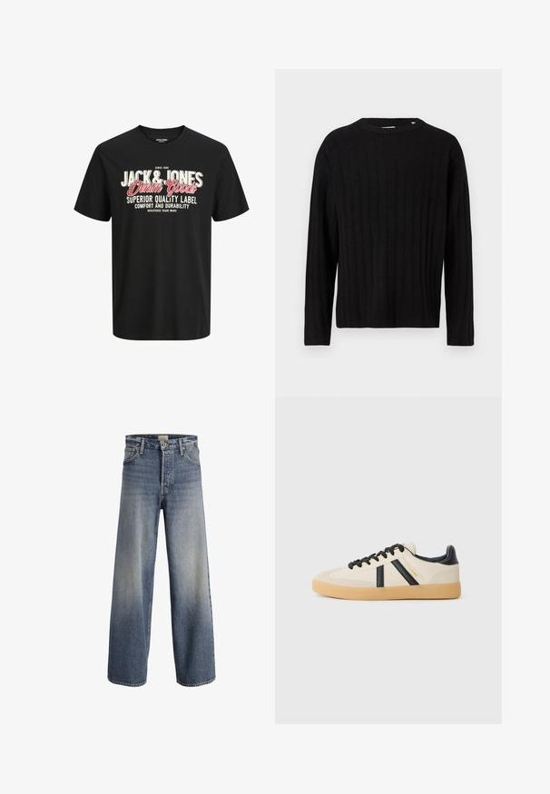 Zwarte geribde gebreide trui met lange mouwen en een ronde halslijn. Zachte textuur, rechte pasvorm, geen zichtbare hardware of accenten.; Zwart kortemouwen T-shirt met "Jack & Jones Denim Goods" in grote witte en rode tekst, plus kleinere witte tekst over kwaliteit en duurzaamheid.; Lichtblauwe wijde denim jeans. Kenmerken zijn een hoge taille, knoopsluiting en subtiele vervaging met een soepele textuur en gestikte naden.; Casual sneakers in crème met zwarte strepen, voorzien van een gestructureerde bovenkant en een gumrubberen zool. Veters zijn zwart. Subtiel logo aan de zijkant.
