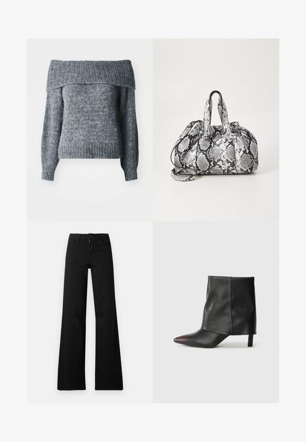 Grauer schulterfreier Pullover mit gestrickter Textur, langen Ärmeln, geripptem Saum und Kragen sowie einer lockeren Passform, ideal zum Layering.; Schwarze hoch taillierte Hose mit weitem Bein, vorne mit Knopf- und Reißverschluss, Gürtelschlaufen und Vordertaschen auf weißem Hintergrund.; Schwarzer Knöchelstiefel aus glattem Leder mit spitzer Zehenpartie und schmalem Absatz. Das Obermaterial zeichnet sich durch ein leicht gerafftes Design aus.; Schwarz-weiße Handtasche im Schlangenhautmuster mit zwei Griffen, einem Kordelzugverschluss und einem abnehmbaren Schultergurt. Glatte Textur.