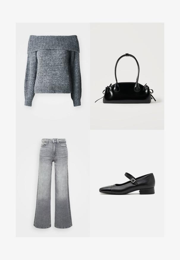 Grijze off-the-shoulder trui, gebreide textuur, lange mouwen, geribde onderrand en halslijn met een losse pasvorm, geschikt voor het lagen.; Grijze denim wijde pijpen jeans met een licht naar donker verloop, voorzien van een hoge taille, vijf zakken en een klassieke knoopsluiting.; Zwarte leren Mary Jane schoenen met een gepatenteerde neus, verstelbare enkelband en lage blokhak. Een gladde textuur en een elegante uitstraling.; Kleine zwarte glanzende handtas met twee lange hengsels en zijkant trekkoord details op een effen lichte achtergrond.