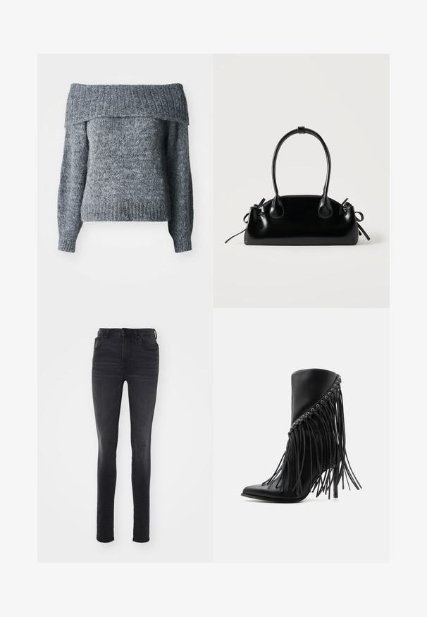 Grå off-shoulder sweater, strikket tekstur, lange ærmer, ribbet kant og halsudskæring med en løs pasform, velegnet til lagdeling.; Slankt fit sorte jeans lavet af denim, med høj talje, fem-lomme design, subtil falmning og lige silhuet.; Sort ankelstøvle med høje hæle, skrå frynser og metaløjer langs den øverste kant, spids tå og stiletthæl.; Lille sort blank håndtaske med to lange håndtag og snøre-detaljer i siden på en ensfarvet lys baggrund.