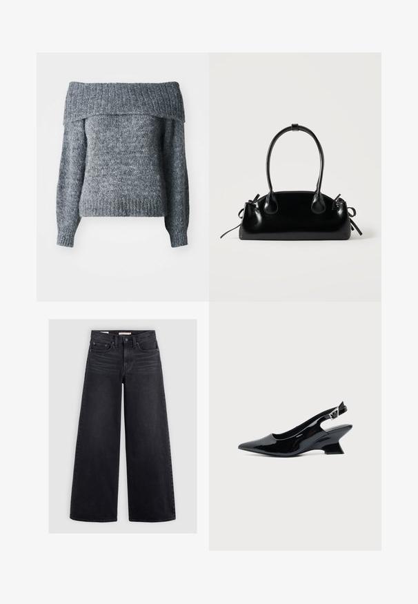 Grauer schulterfreier Pullover mit gestrickter Textur, langen Ärmeln, geripptem Saum und Kragen sowie einer lockeren Passform, ideal zum Layering.; Schwarze Jeans mit weitem Bein aus Denim, mit hoher Taille, fünf Taschen und dezenten Verwaschungen an der Vorderseite.; Schwarzer Slingback-Schuh aus Lackleder mit spitzer Spitze und niedrigem, schrägem Blockabsatz auf einfachem hellem Hintergrund.; Kleine schwarze glänzende Handtasche mit zwei langen Griffen und seitlichen Kordelzug-Details vor einfachem hellem Hintergrund.