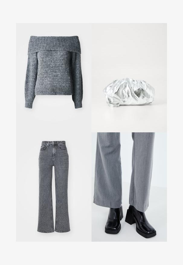 Grå off-shoulder sweater, strikket tekstur, lange ærmer, ribbet kant og halsudskæring med en løs pasform, velegnet til lagdeling.; Grå denim flared jeans med høj talje, der har et subtilt prikket mønster og fem-lomme design. Slidt tekstur nær sømmen.; Sort hæl støvle med firkantet tå, glat læderfinish og en kraftig platform. Parret med lysegrå, bredbenede bukser.; Metallisk sølv clutch taske med en blød, samlet krop og en tynd skulderrem. Har en glat, skinnende overflade og rund form.
