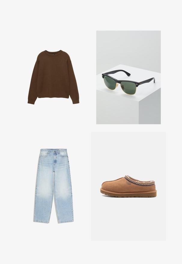 Pull en tricot marron avec un col rond, des manches longues et une coupe décontractée. Texture lisse avec des poignets et un ourlet côtelés.; Jeans bleu clair taille haute à jambes droites avec poches avant, fermeture par bouton, et détails délavés sur les cuisses et les genoux.; Mocassin en daim tan à enfiler avec un col décoratif en couture, une semelle en caoutchouc et un logo UGG sur le côté.; Lunettes de soleil Ray-Ban avec des verres verts, monture en plastique noir et accents dorés sur les bords. Forme carrée avec une finition mate.