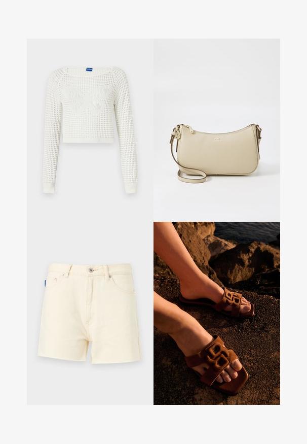Weißer, kurzer, gestrickter Pullover mit einem strukturierten Muster, das in der Mitte ein Schmetterlingsdesign zeigt, sowie gerippten Bündchen an den Ärmeln.; Cremfarbene Jeansshorts mit geradem Schnitt, ausgestattet mit einem Frontknopfverschluss und einem Fünf-Taschen-Design. Strukturierter Stoff mit Nähdetails.; Füße in braunen Pantoletten mit dekorativem Riemen, die auf felsigem Boden nahe dem Wasser bei warmem Licht ruhen.; Beige Leder Umhängetasche mit geschwungener Form, goldenen Hardware-Akzenten, einem Reißverschluss und einem verstellbaren Tragegurt. "BOSS"-Logo auf der Vorderseite geprägt.
