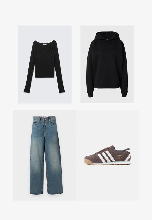 Sweatshirt à capuche noir en tissu doux, avec une coupe décontractée, des poignets côtelés et un détail de logo subtil sur le devant.; Haut noir à manches longues en tissu doux, présentant un design drapé avec un devant croisé et un col bateau. Texture lisse, longueur cropped.; Jeans en denim à jambes larges dans un délavage bleu clair. Dotés d'un zip et d'une fermeture à bouton, avec un délavage subtil pour un look usé.; Baskets en daim marron avec trois bandes blanches, une semelle texturée et un logo doré. Caractérisées par une silhouette basse et un bout arrondi.