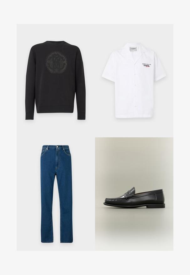 Zwarte sweatshirt van zachte stof, met een geprofileerd cirkelvormig logo in het midden en decoratieve accenten daaromheen. Lange mouwen.; Witte korte mouwen overhemd met knopen en campkraag, met zwart-rode tekst "ICEBERG sinds 1974" op de linkerborst en merklipje aan de binnenkant van de kraag.; Blauwe denim jeans met een hoge taille, rechte pijp, vijf zakken en contrasterende oranje stiksels. Glad textuur.; Zwarte leren herenslipper met moc-toe ontwerp, pennestrook en lage hak op een neutrale achtergrond.