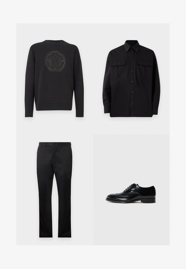 Schwarzer Pullover aus weichem Stoff, mit einem strukturierten, runden Logo in der Mitte, umgeben von dekorativen Akzenten. Lange Ärmel.; Schwarzes Langarmhemd mit klassischem Kragen, zwei Brusttaschen und Knopfverschluss. Aus glattem Stoff mit einem leicht lockeren Schnitt.; Schwarze Baumwollhosen mit geradem Bein, ausgestattet mit einem vorderen Knopfverschluss und seitlichen Taschen, glatte Textur, keine sichtbaren Muster.; Schwarze Leder-Dressschuhe mit polierter Oberfläche, runder Zehenform, Schnürdesign und niedrigem gestapeltem Absatz, versehen mit einer dezenten Nahtdetail.