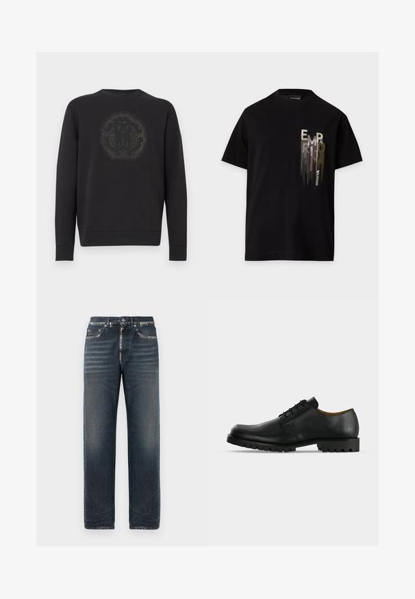Sort sweatshirt lavet af blødt stof, med et tekstureret cirkulært logo i midten omgivet af dekorative accenter. Lange ærmer.; Sort kortærmet T-shirt med et vertikalt metallisk sølv- og guld "EMPORIO ARMANI" logo på venstre brystområde.; Mørkeblå denimjeans med en afslappet pasform, der har subtile falmninger, lige ben og et klassisk fem-lomme design.; Sort lædersko med snørebånd, tyk rillede sål og lav hæl vist på en hvid baggrund.