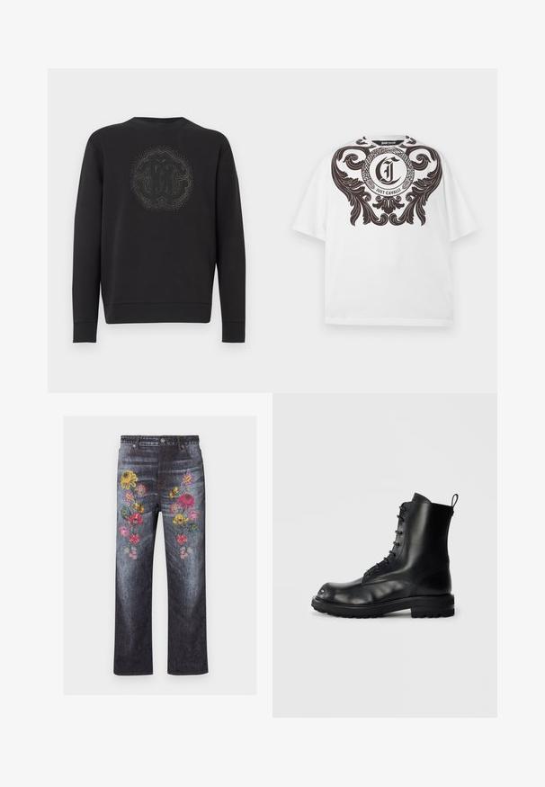 Sweat-shirt noir en tissu doux, avec un logo circulaire texturé au centre entouré d'accents décoratifs. Manches longues.; T-shirt blanc à manches courtes avec un grand motif noir orné en forme de volutes et un logo circulaire représentant un serpent entrelacé et le texte "Just Cavalli" sur la poitrine.; Jean en denim délavé foncé, taille haute, jambes droites, avec des motifs floraux brodés colorés sur le devant des cuisses.; Botte de combat noire en cuir à lacets avec semelle épaisse et languette à l'arrière, vue de côté sur un fond uni clair.