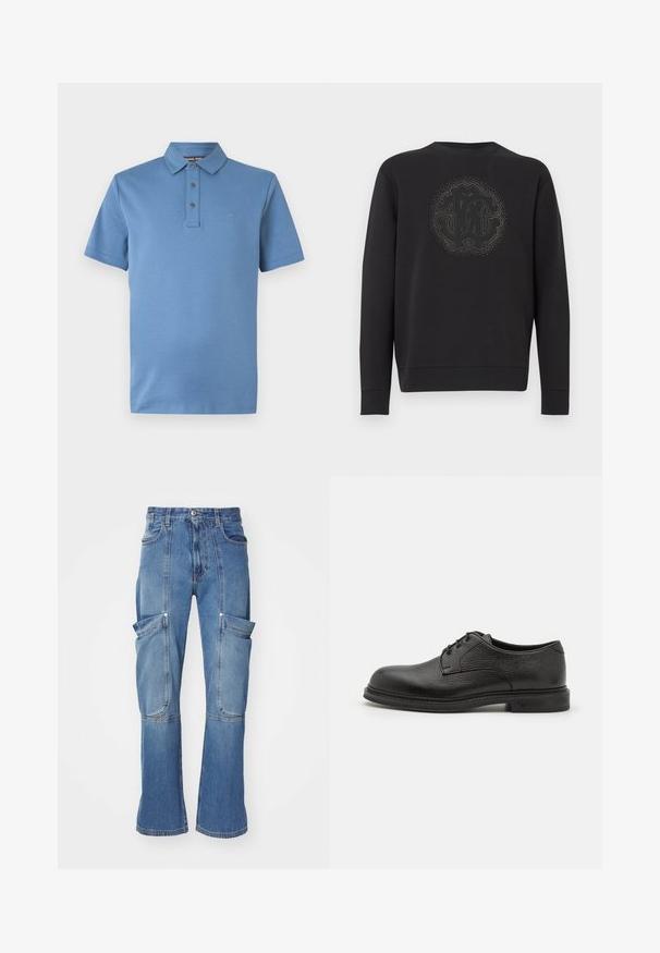 Sort sweatshirt lavet af blødt stof, med et tekstureret cirkulært logo i midten omgivet af dekorative accenter. Lange ærmer.; Blå kortærmet poloshirt med klassisk krave, tre-knaps stolpelukning og diskret "MK" logo på venstre bryst.; Denim cargo bukser i lyseblå med høj talje, flere sidelommer og vide ben, med kontraststing og lynlås lukning.; Emporio Armani LACED SHOE - Snøresko - nero