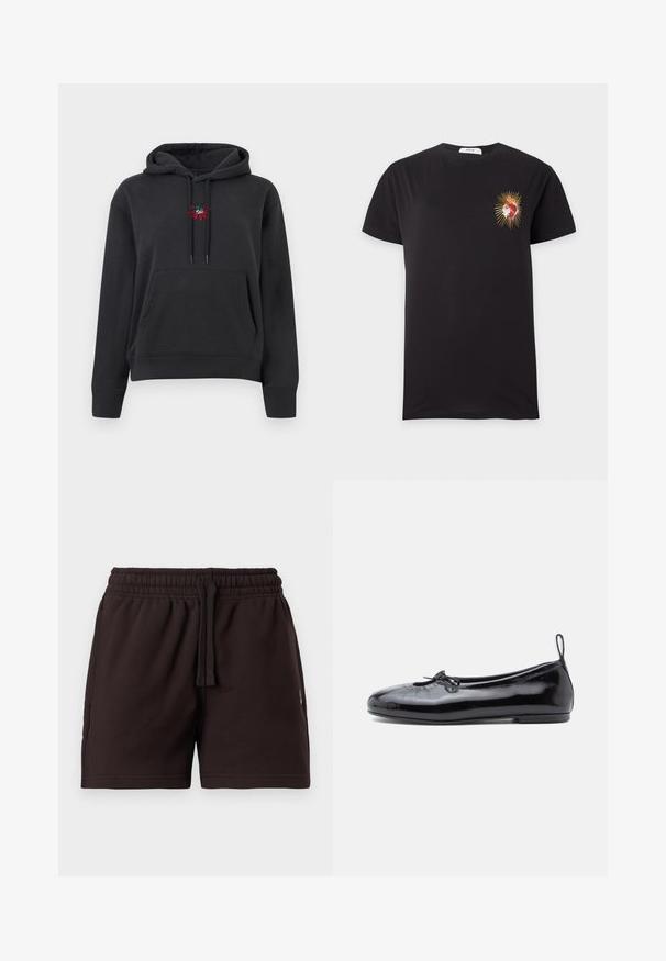 Black hoodie with front pouch pocket and small red flower with green eyes embroidered on chest center.; Black short-sleeve t-shirt with a small red and gold heart graphic on the left chest radiating golden rays.; Black elastic waist shorts with drawstring, flat front, and side pockets, displayed on a plain light background.; Black patent leather ballet flat with a round toe, small bow detail, and smooth texture; features a low flat sole and a pull tab at the heel.