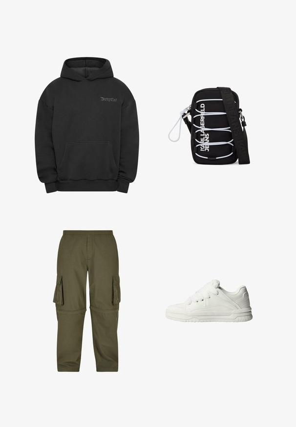 Dropsize HEAVY BROKEN DREAMS - Kapuzenpullover - washed black; Olivgrüne Cargo-Hosen aus leichtem Material, mit mehreren Seitentaschen, einem elastischen Bund und einem geraden Schnitt.; Weiße Sneaker mit glattem Lederobermaterial, gepolstertem Zungenbereich, flachen Schnürsenkeln und strukturierten Akzenten an den Seiten und der Ferse.; Schwarze Umhängetasche mit weißen elastischen Schnüren, silbernen Beschlägen und dem Aufdruck "KARL LAGERFELD JEANS" in Weiß auf der Vorderseite, mit breitem schwarzem Träger.