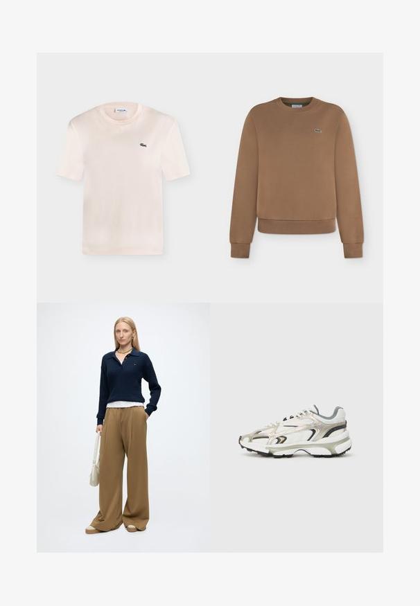 Sweat-shirt marron à manches longues avec poignets et ourlet côtelés, avec un petit logo crocodile vert sur la poitrine gauche.; T-shirt Lacoste crème à manches courtes, col rond et petit logo crocodile vert sur la poitrine gauche.; Femme aux cheveux blonds raides portant un pull bleu marine, un pantalon large beige, des chaussures beiges, des bijoux en or, et tenant un sac à main blanc avec une main dans la poche.; Baskets volumineuses en blanc, gris et argent métallique avec des panneaux texturés. Comprend une épaisse semelle en caoutchouc noir et un design d'overlay distinctif.