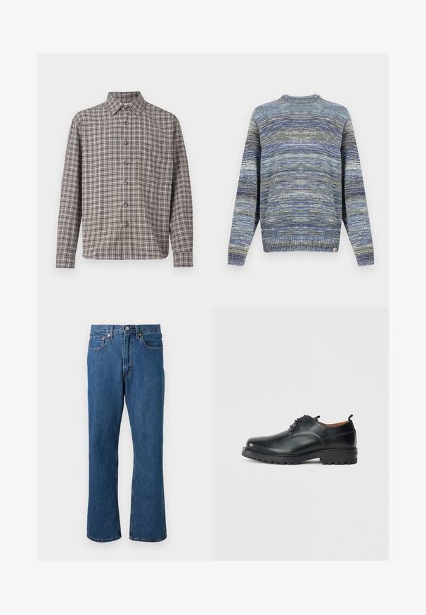 Strikket sweater i blå og grønne nuancer. Rund halsudskæring, ribbede manchetter og kant. Tekstureret mønster med varierende nuancer og en logomærkat på kanten.; Brun og creme plaid skjorte med knap-ned krave, lange ærmer og frontknapper; lavet af struktureret stof.; Blå straight-leg denim jeans med frontknap og lynlås, fem lommer og orange syninger på en ensfarvet baggrund.; Sorte læder derby-sko med en glat overflade, rund tå, snøre-design og en tyk, robust gummisål.