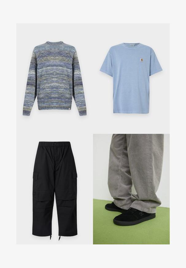 Suéter de punto en tonos azules y verdes. Cuello redondo, puños y dobladillo acanalados. Patrón texturizado con tonos variados y etiqueta con logo en el dobladillo.; Camiseta de algodón azul claro con mangas cortas, cuello redondo y una pequeña etiqueta cuadrada con un logotipo que presenta una letra "C" estilizada en el pecho.; Pantalones cargo negros con cintura elástica, múltiples bolsillos y cremalleras en los tobillos, con un diseño relajado y holgado.; Zapatillas de skate de ante negro con un acabado texturizado y un logo, combinadas con pantalones de pana gris con una textura acanalada. Superficie del suelo en verde.
