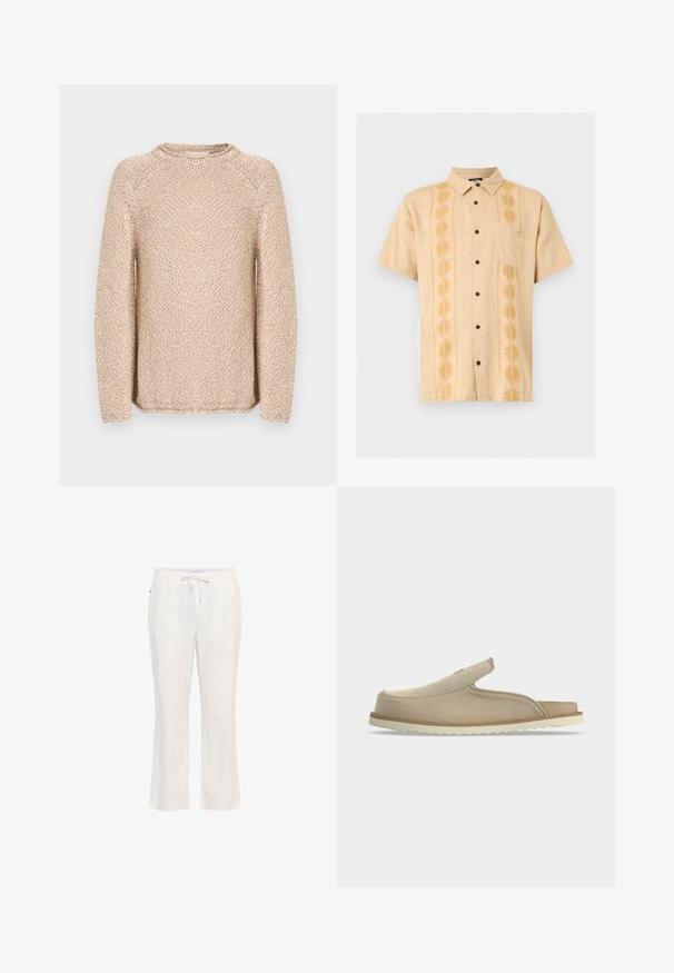 Beige og hvid meleret strikket sweater med lange raglanærmer og rund hals, vist på hvid baggrund.; Beige kortærmet skjorte med knapper og lodrette solmønstrede striber samt en brystlomme på venstre side.; Lettere, hvide linnedbukser med elastisk talje og snorbindning. Lige ben-design med en glat tekstur og uden bemærkelsesværdige mønstre.; Beige slip-on sandal med lukket tå, åben hæl, blødt ruskindsoverdel og hvid tekstureret gummisål, vist i sideprofil på hvid baggrund.