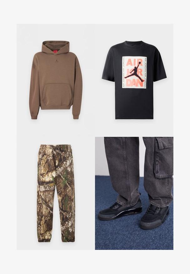 Pruun kapuutsiga dressipluus ees taskuga ja väike Jumpmani logo kaeluse all keskel ühevärvilise tausta ees.; Must musta T-särk, millel on suur graafiline print hüppavast siluetist ning sõnad "AIR JORDAN" valgete ja korallroosade aktsentidega.; Kamoflaazhiga mustrid, millel on pruun ja roheline looduslik muster, elastse vöökohaga, millel on reguleeritav nöör ning elastsed mansetid pahkluude juures.; Mustad mustrennijalats, millel on tekstuuriga pind, silejad aktsentid ja paks tald, koos tumedate, lahtiste cargo-pükstega.