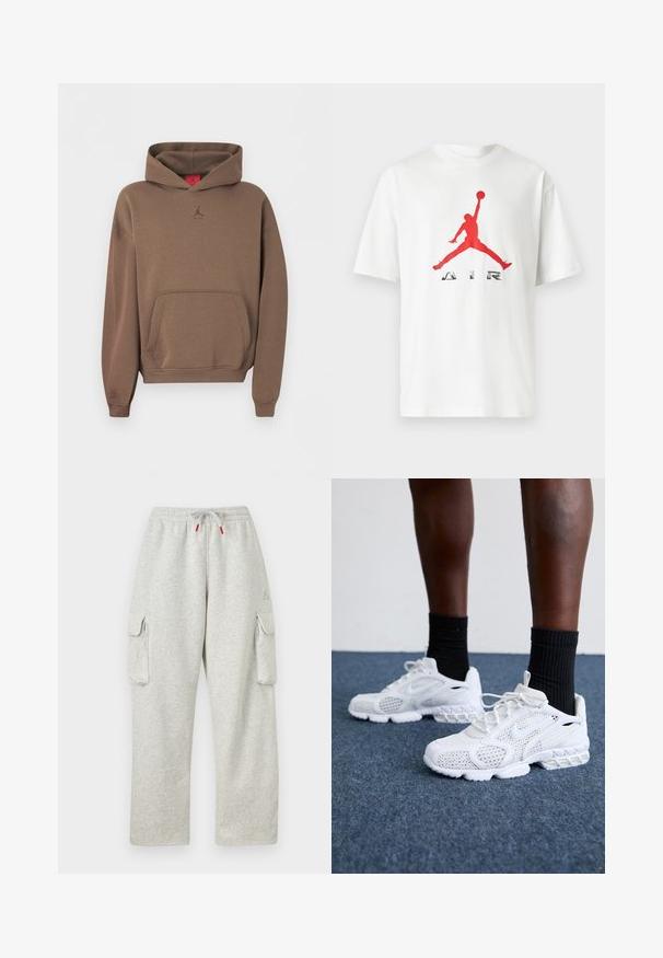 Brown hooded sweatshirt with front pouch pocket and small Jumpman logo centered below the neckline on a plain background.; White short-sleeve T-shirt with a red silhouette of a basketball player jumping and the word "AIR" below on the front.; Light gray sweatpants with elastic waistband, drawstring with red tips, and large flap pockets on both thighs.; White athletic shoes with mesh upper, textured accents, and cushioned sole. Paired with black ribbed ankle socks on a blue carpeted surface.