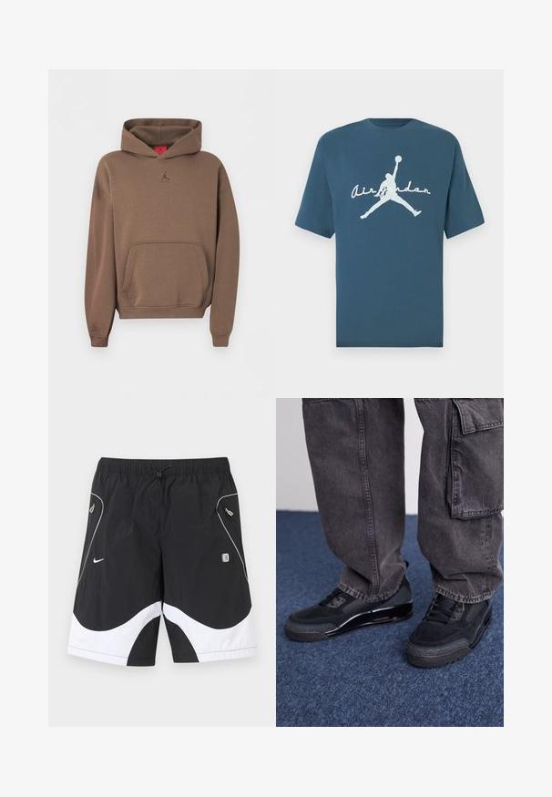 Sudadera marrón con capucha con bolsillo frontal tipo canguro y pequeño logo Jumpman centrado debajo del cuello sobre un fondo liso.; Camiseta azul de algodón con mangas cortas y cuello redondo. Presenta un gran gráfico blanco de una figura saltando y el texto "Air Jordan" debajo.; Pantalones cortos deportivos Nike en blanco y negro con cintura elástica, cordón ajustable, bolsillos laterales con cremallera y detalles reflectantes en los paneles frontales.; Zapatillas deportivas negras con una superficie texturizada, acentos suaves y una suela gruesa, combinadas con pantalones cargo oscuros y holgados.